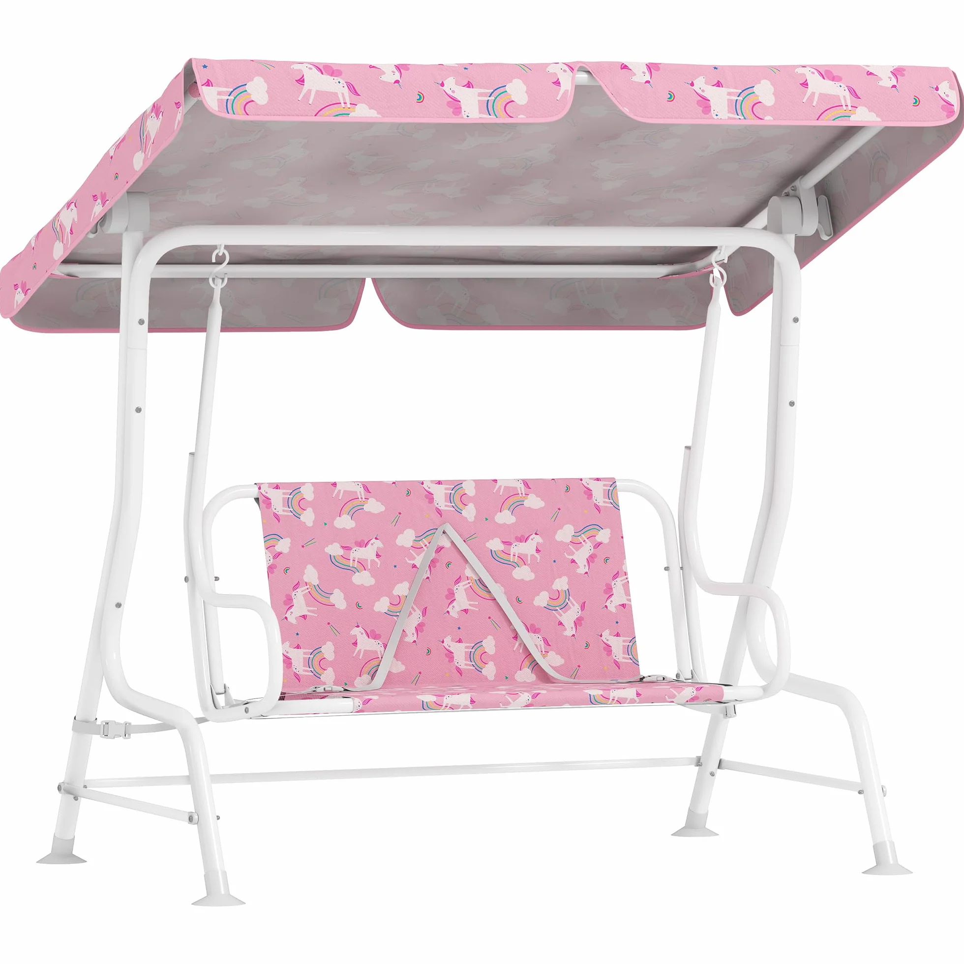 AIYAPLAY Columpio de Jardín Exterior para Niños de 2 Plazas, Balancín de Jardín, Toldo Ajustable, con Cinturones de Seguridad, Diseño de Unicornio y Arcoíris, para Interior, Patio, 112x75x120 cm, Rosa