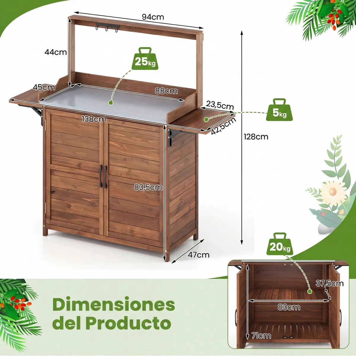 COSTWAY Mesa de Trabajo para Exteriores, Mesa de Jardinería de Madera con Tablero Metálico, Armario, Estantes Laterales Plegables, Estante Ajustable, Banco de Trabajo para Jardinería y Plantación
