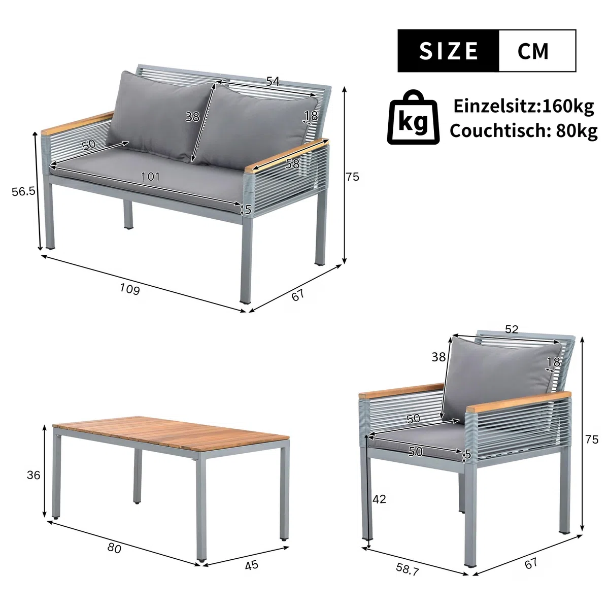 Conjunto jardín Exterior de ratán, Mueble de Jardín 4 Piezas, Conjunto Terraza de Muebles de balcón Lounge para 4 Personas, Exterior Muebles de Patio con sofá Doble, 2 sillones y Mesa (Gris)