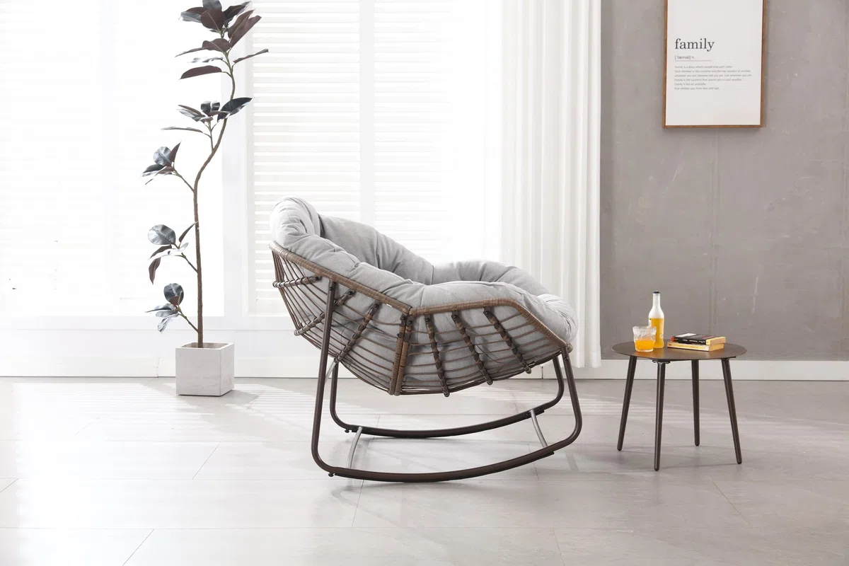 MURUL Mecedora de patio de mimbre de gran tamaño y forma de huevo. Una cómoda mecedora para interior y exterior con cojín grueso. Un sillón moderno adecuado para balcón (gris)