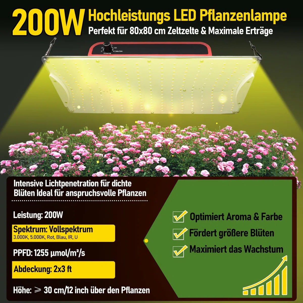 Kit Completo de Cultivo en Invernadero 80x80x160cm con Lámpara LED Plana de Cultivo de 200W, Conjunto de Ventilación y Filtro de Carbón Activo, Hidroponía de Espectro Completo