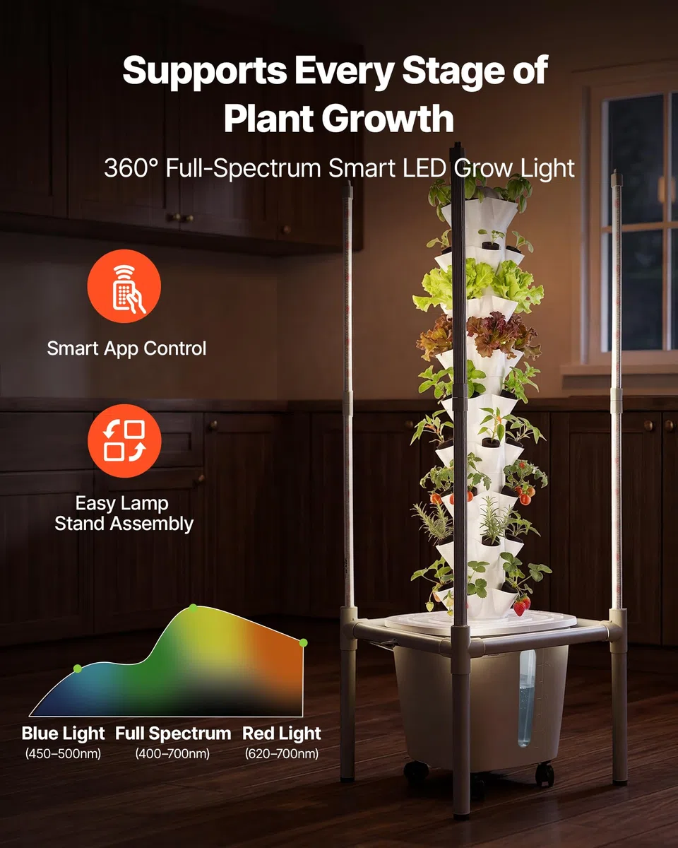 VEVOR Kit de Cultivo Hidropónico, Sistema de Torre Hidropónica de 9 Niveles 45 Agujeros, con Luces de Crecimiento Control por App Ruedas Bomba de Agua, Depósito de 20 L, para Hierbas Frutas Vegetales