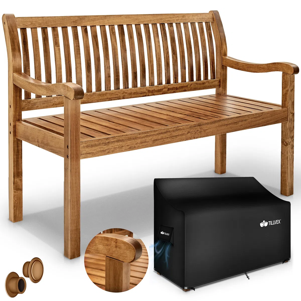 tillvex Banco de Madera para Jardín 150 cm con Cubierta | Robusto Asiento de Exterior 3-4 Plazas | hasta 320 kg de Carga | Banco para Porche, Terraza, Balcón