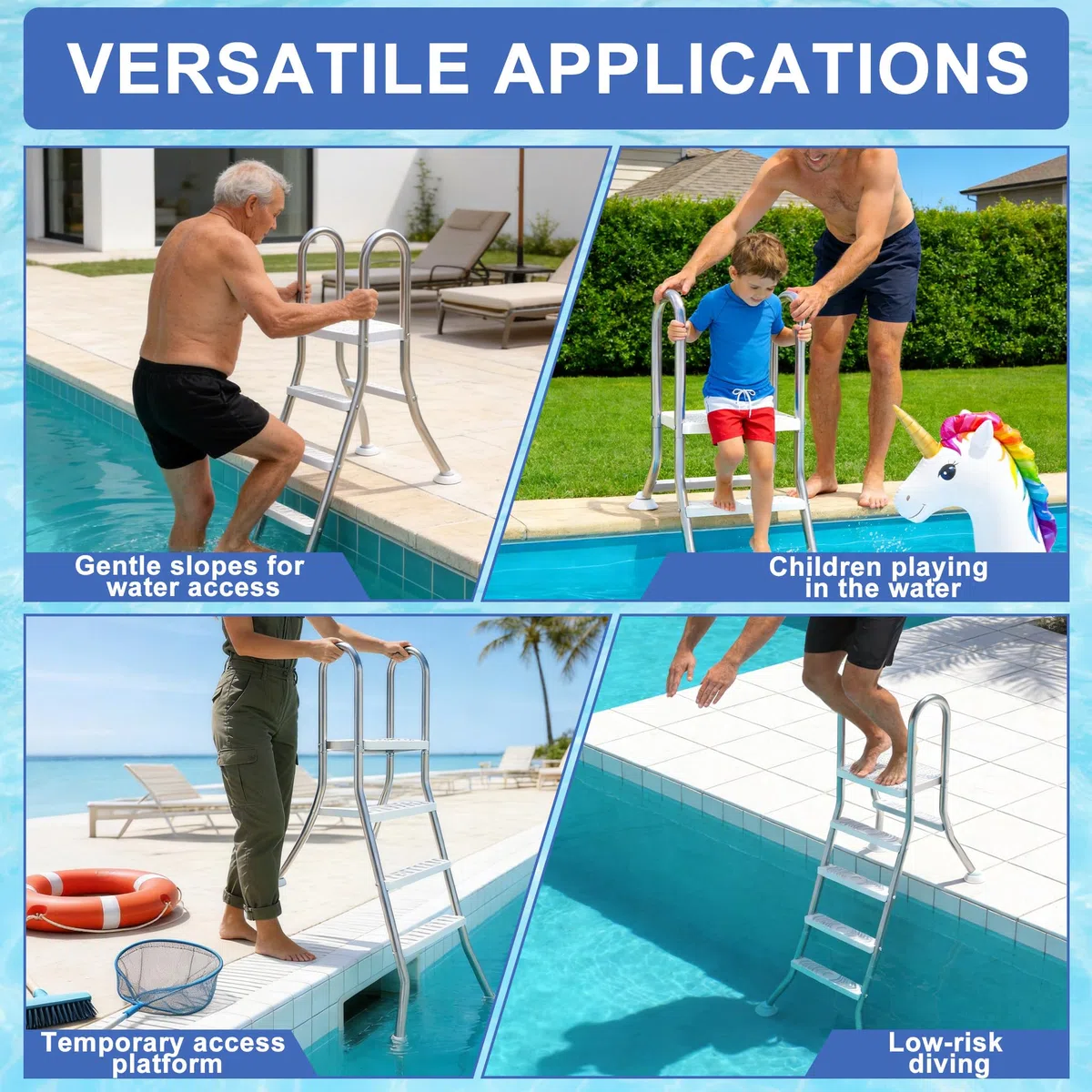 UISEBRT Escalera de piscina de acero inoxidable 304 | Escalera de piscina con 3 peldaños | Escalera para piscina con protección antideslizante | Escalera de entrada para piscina y piscina altura de