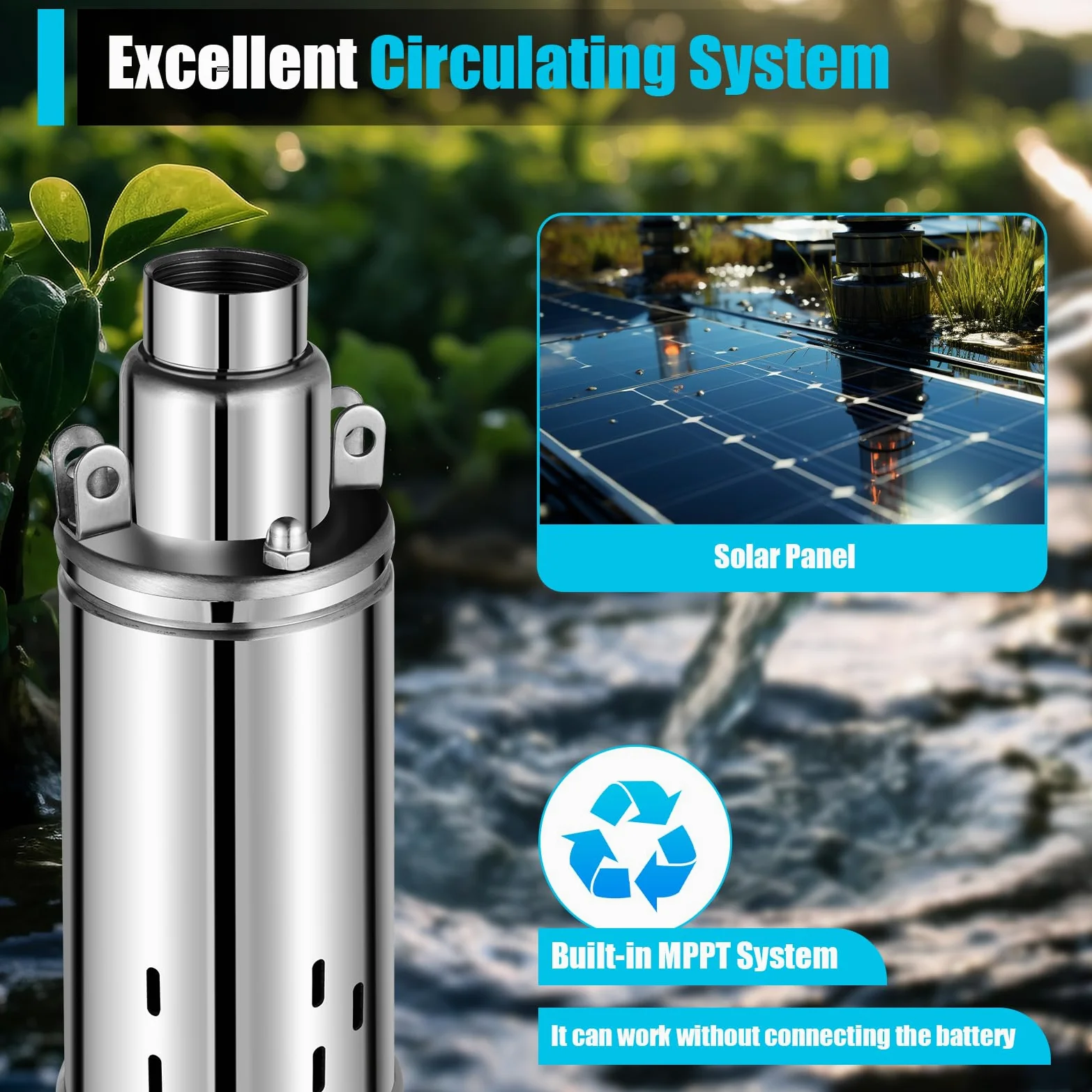 Bomba de pozos profundos, 24 V y 370 W, bomba solar de agua, bomba solar, caudal máximo 1,8 m³/h, elevación máxima: 65 m, fuente de alimentación CC / energía solar, para pueblos, familias, granjas,