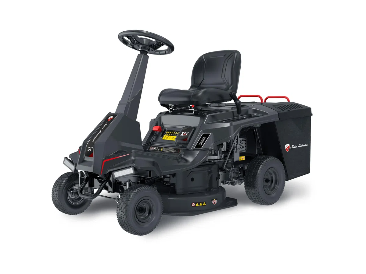 by Tonino Lamborghini GM - Tractor Cortacésped Minirider de Gasolina 224cc, 6hp, Ancho de Corte 61cm (24"), Arranque Eléctrico, 5 Alturas y Saco Recogedor 150L, 4 Velocidades y Marcha Atras