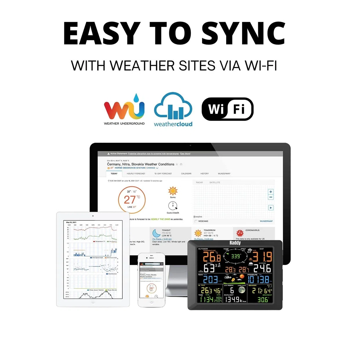 Raddy WF-100C Estación meteorológica wifi profesional con sensor inalámbrico para exteriores, pantalla de 8", barómetro, indicador de viento, indicador de lluvia, sensor solar para el hogar, el jardín