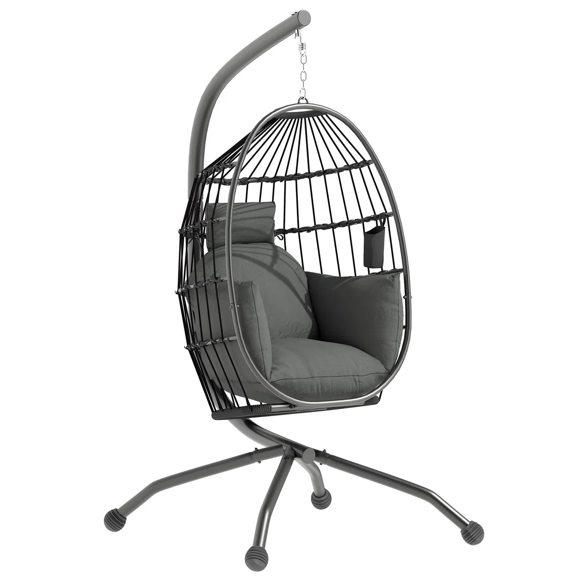 Outsunny Silla Colgante Huevo con Soporte Columpio Jardín Exterior con Cesta Plegable Cojín y Reposacabezas Portavaso Columpio Colgante para Interior y Exterior Carga 120 kg Negro