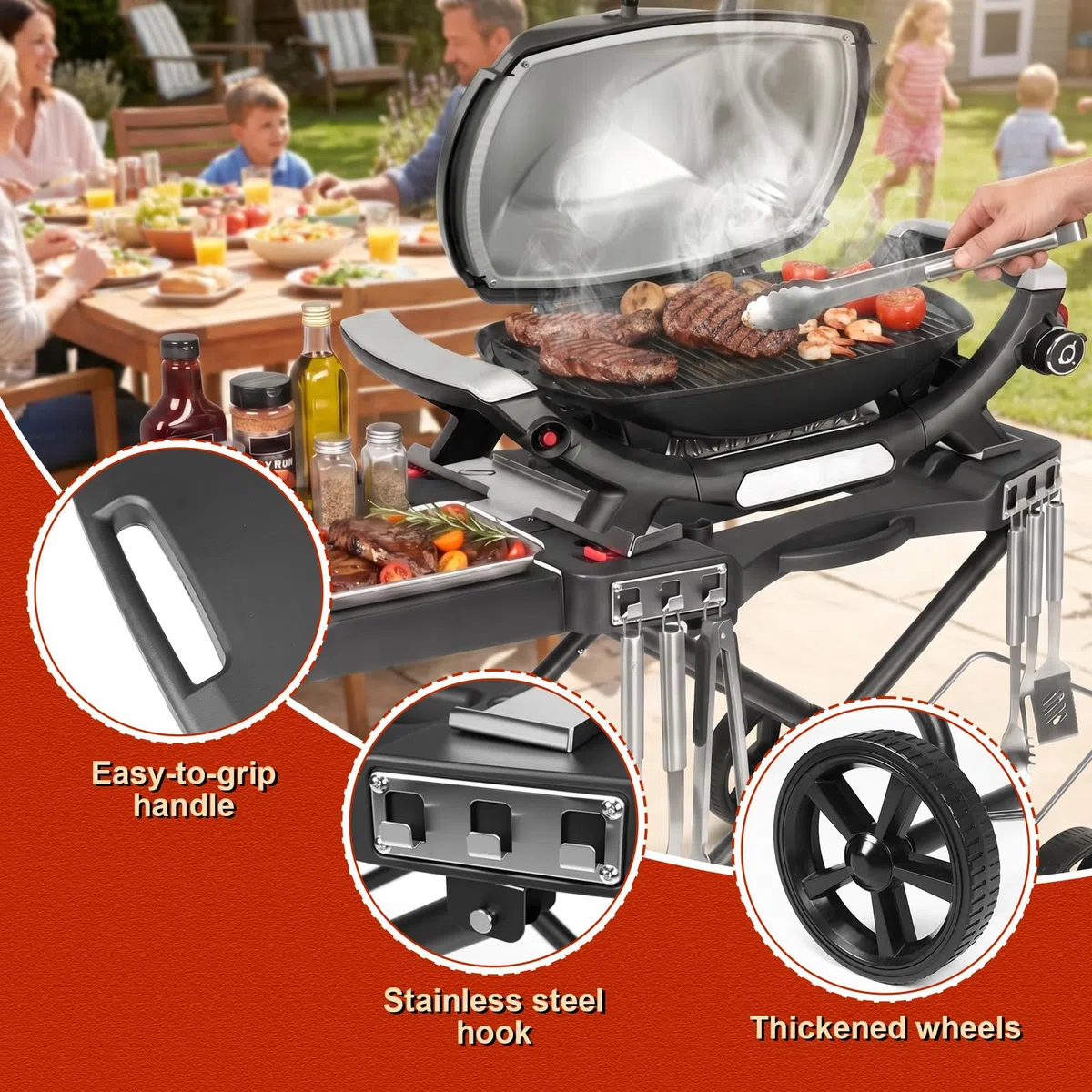 Carro de barbacoa portátil con rueda para Weber Q1200, Q1000, Q2200, Q2000 Serie y Blackstone 43/56 cm, plancha de mesa, soporte plegable