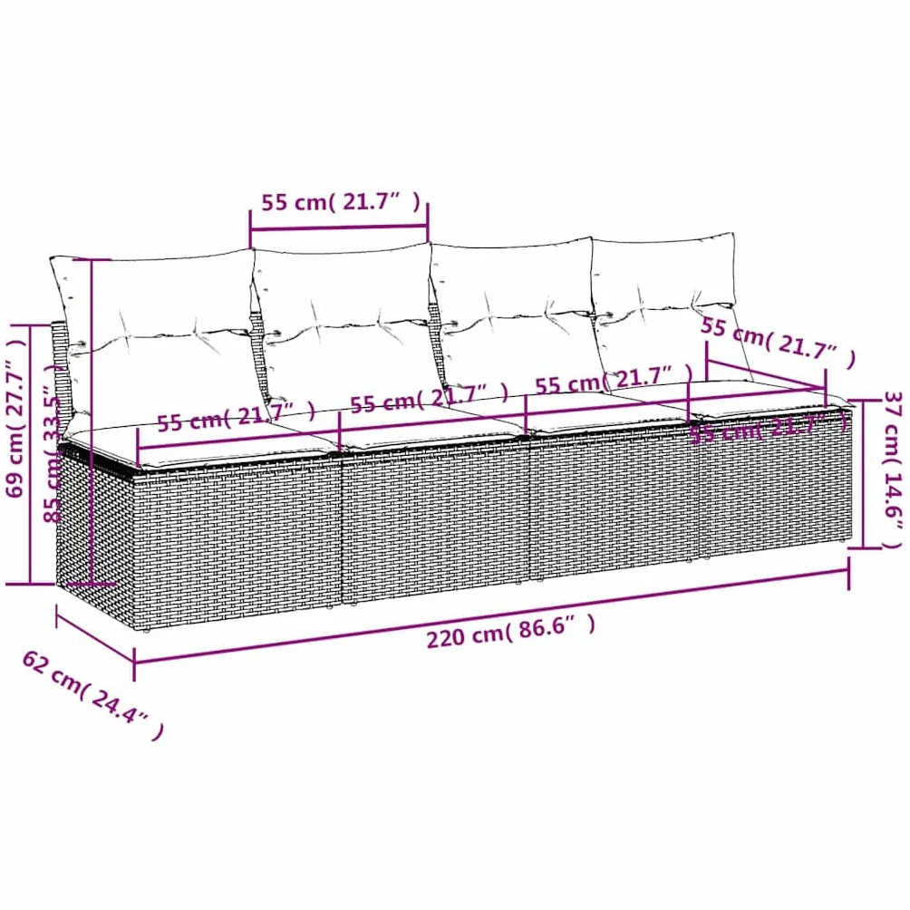 vidaXL Sofá de Jardín con Cojines 4 Plazas, Asiento Exterior, Sofá Descanso, Mueble para Patio Terraza Balcón, Ratán Sintético Gris