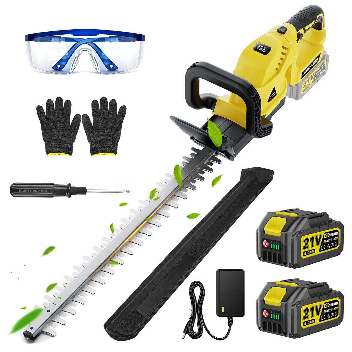Cortasetos, batería de 52 cm de longitud de cuchilla, mango ergonómico, protección contra golpes, cortador de setos con batería de 2 x 4000 mAh para cortar arbustos, cuidado del jardín, sin cable
