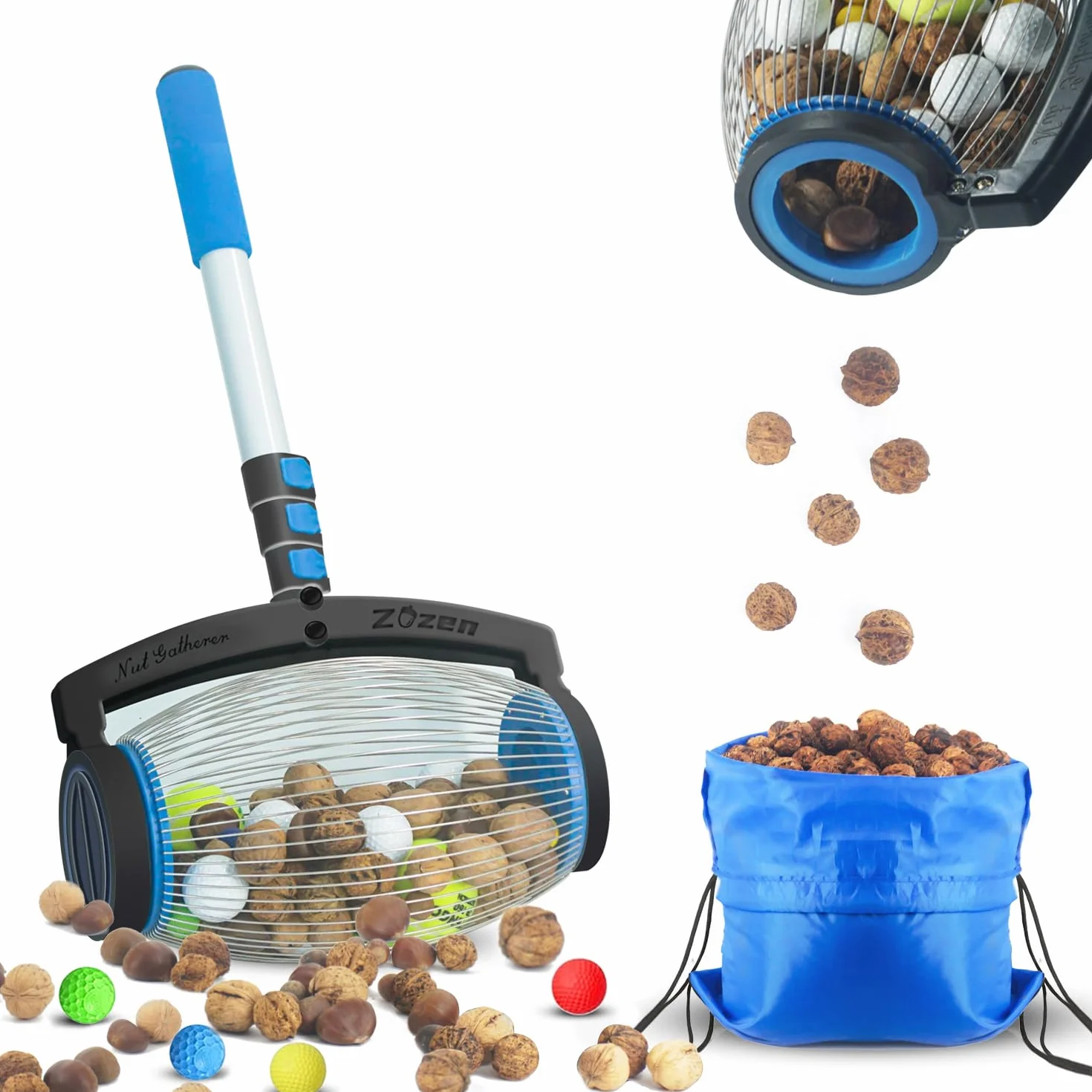 zozen Colector de nueces,Diseño Apertura de Tapa Lateral Patente, aplicar a nueces Nogal(Grande), Dardos Nerf, Golf,2.5 Objetos centímetros a 6,5 centímetros(Ggrande).