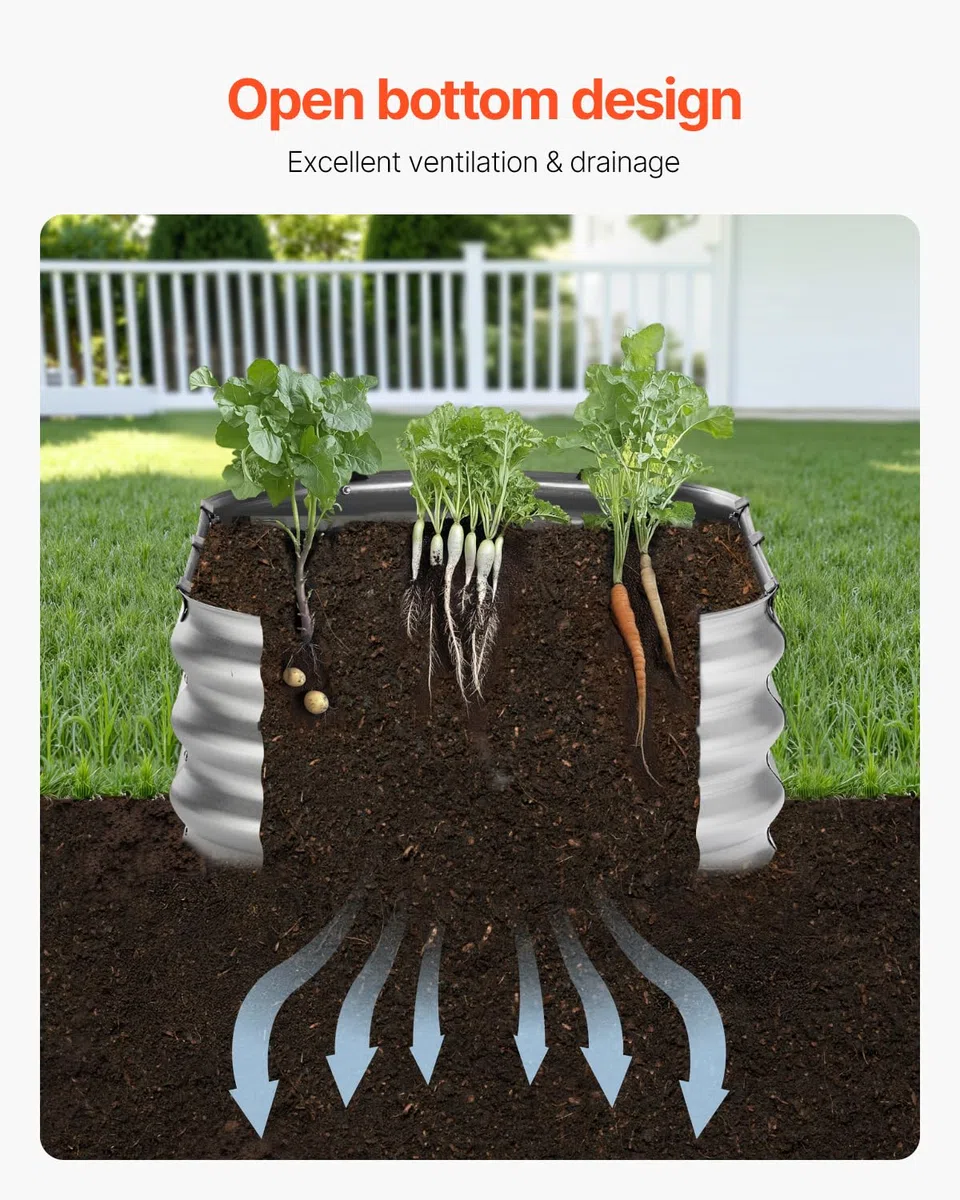 VEVOR Cama de Jardín Elevada de Metal 1195 x 585 x 270 mm con Fondo Abierto para Exteriores, Jardinera Ovalada Galvanizada para Jardinería de Verduras, Flores, Hierbas y Plantas Suculentas, Plateado
