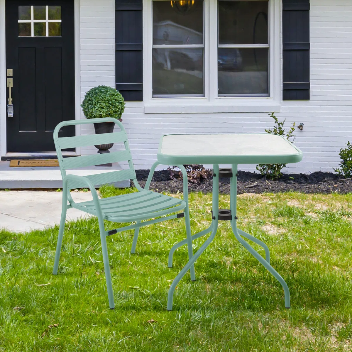 THE SECRET HOME - Silla de Aluminio con Reposabrazos para Jardín - Alto 76 cm x Largo 56 cm x Ancho 48 cm - Color Verde Claro - Asiento Apilable de Exterior para Balcón, Terraza y Jardín