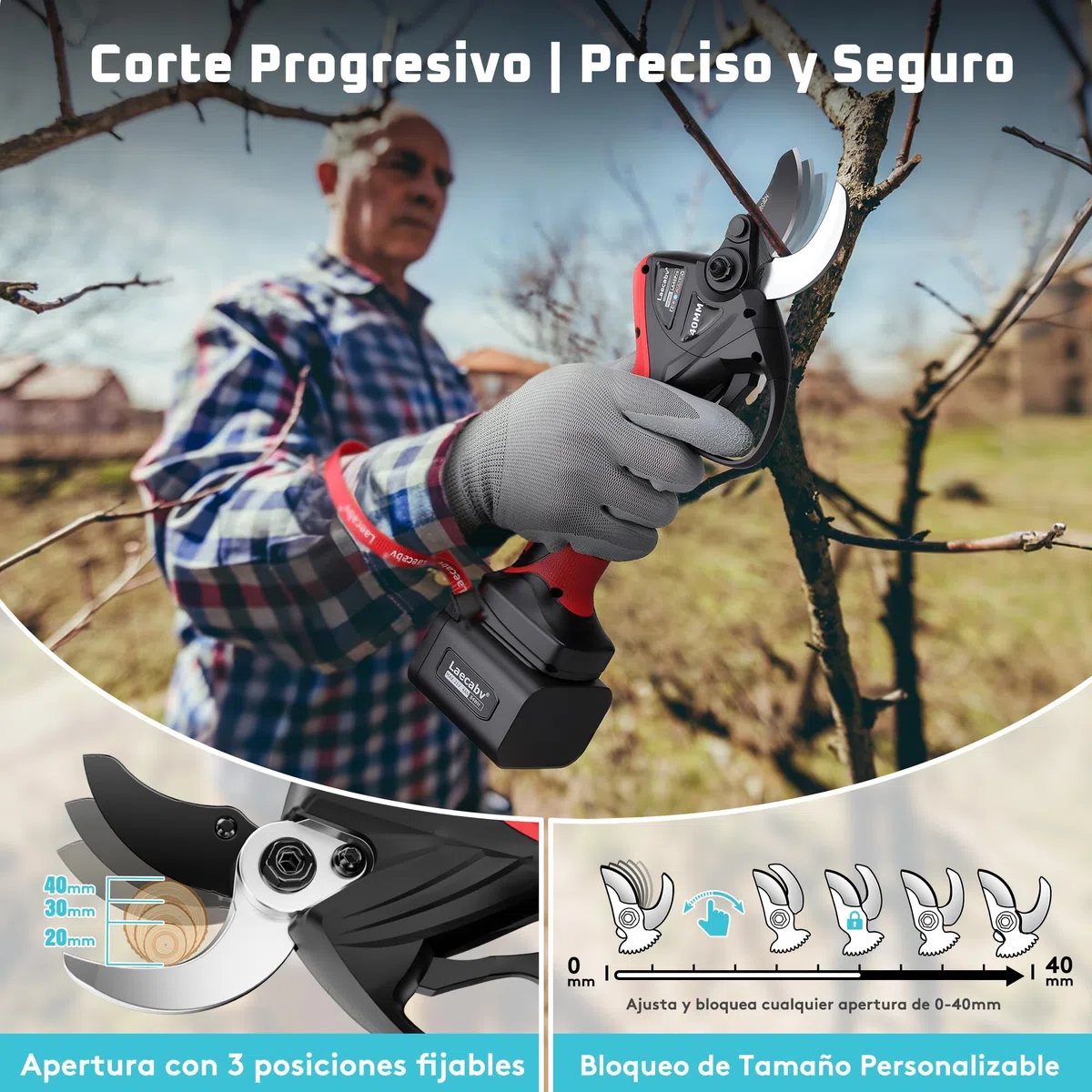 Laecabv Tijeras de Podar Eléctricas Profesionales LA40Pro, 40mm Corte Progresivo, 2x4.0Ah Baterías (12h), 2 Años de Garantía para el Cuerpo, Conector de Cintura y Pantalla LCD para Olivos y Viña