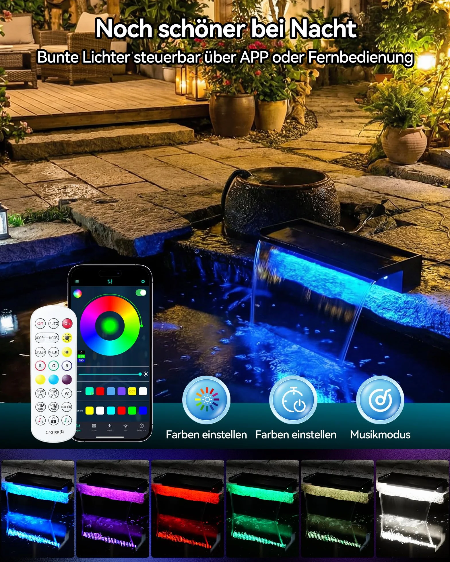 POPOSOAP Kit de Cascada para Estanque, Desagüe de Acero Inoxidable 60cm, Bomba de Agua 4500 L/h, Luces LED con Mando a Distancia y Tubo Corrugado 3m, Adecuado para Estanques Exteriores hasta 12 m²