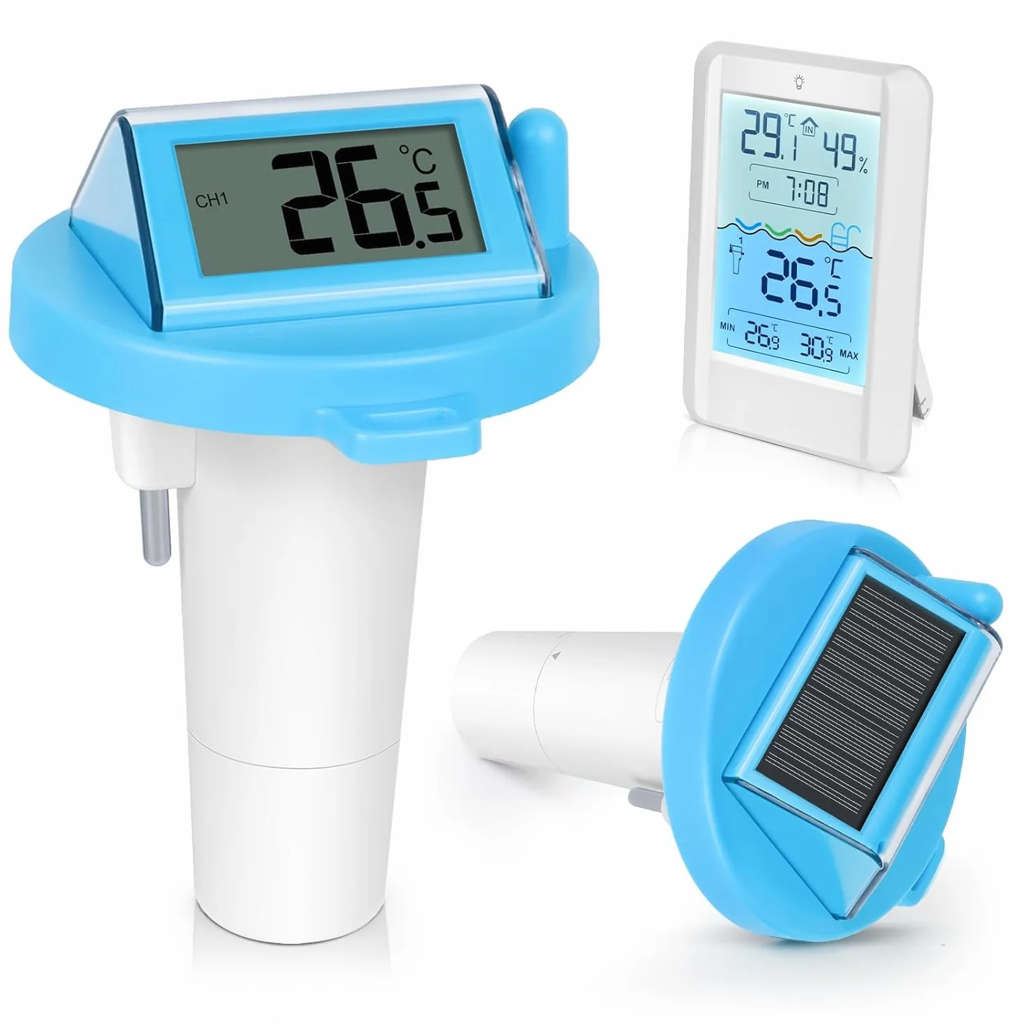PATEMZON Termómetro Piscina Solar, Termómetro Piscina Connecté, Termometro Piscina Sin Fil Flottante con Récepteur Radio LCD, Accessoire Piscine pour Aquarium, Étang à Poissons