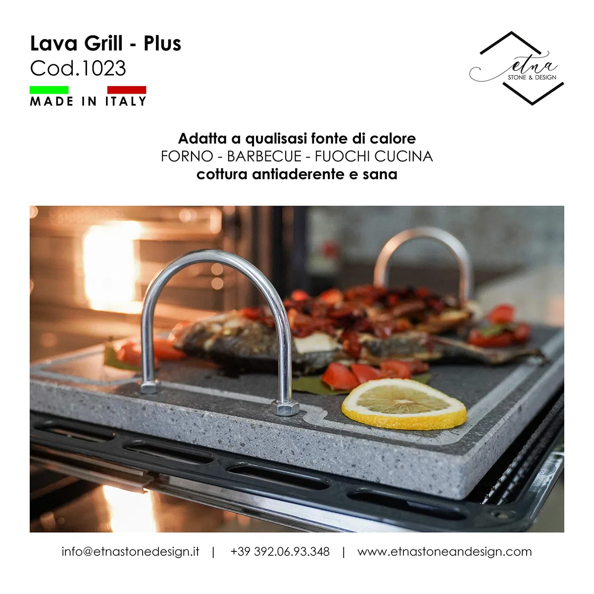 Lava Grill Plus L 60 x 30 cm _ parrilla con asas piedra volcánica étnica placa nivelada para horno y barbacoa de cocina Carne, pescado, verduras y pizza Etna Stone & Design