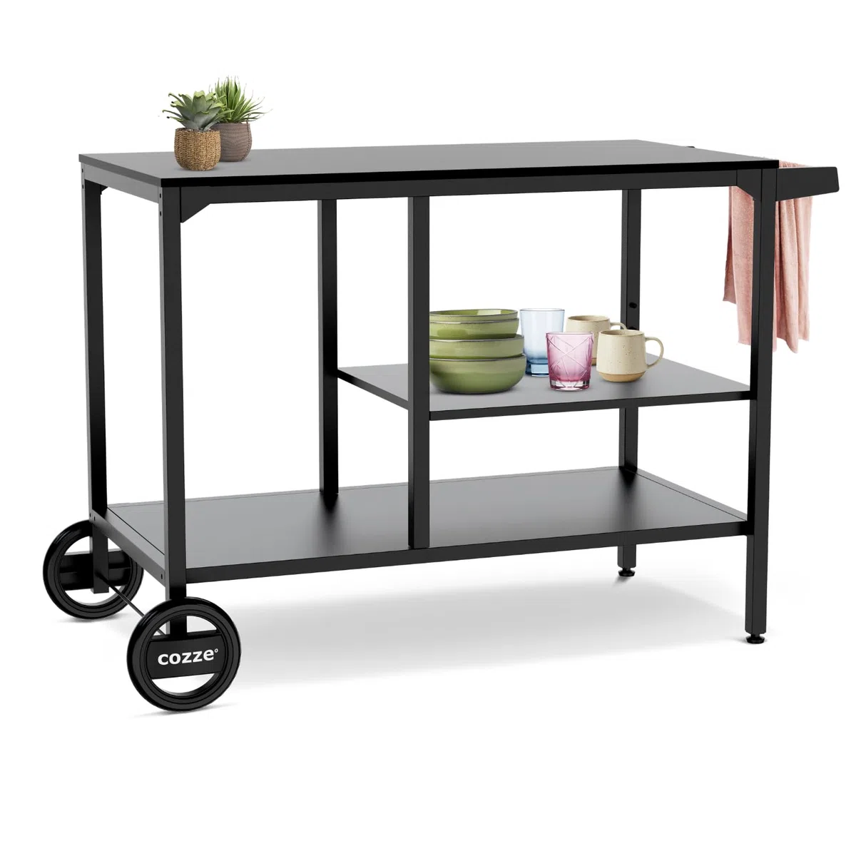 Cozze® BBQ Station Carro para Barbacoa 115 cm, Mesa Exterior de Acero galvanizado, Estante Ajustable 3 Niveles para Horno de Pizza, Ruedas Grandes y Patas Regulables, Carga máx. 100 kg