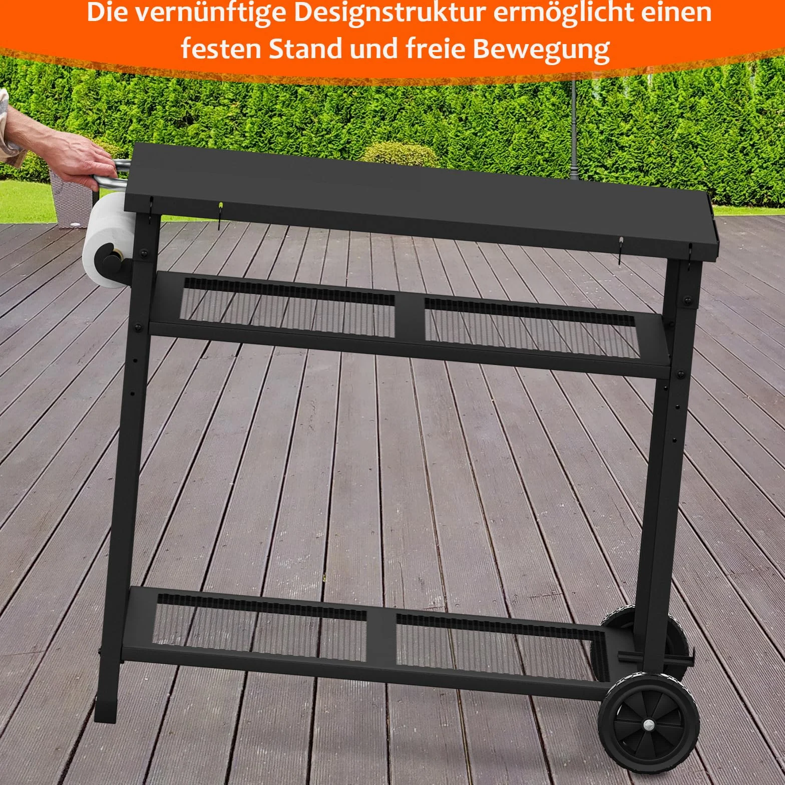 Carrito de barbacoa multifuncional, 3 niveles, carrito de cocina con soporte para toallas de papel y ganchos, mesa auxiliar para exteriores (negro)