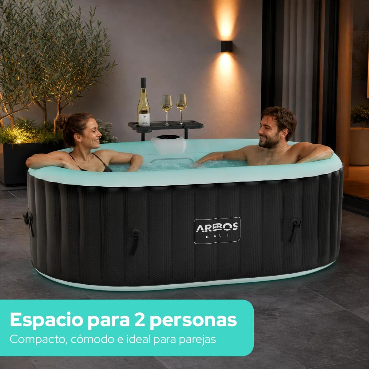Arebos Bañera de hidromasaje con iluminación LED | SPA Hinchable | Interior y Exterior | 190x120 cm Ovalada | 2 Personas | 90 chorros de Masaje | con calefacción | 550 litros | Incl. Cubierta