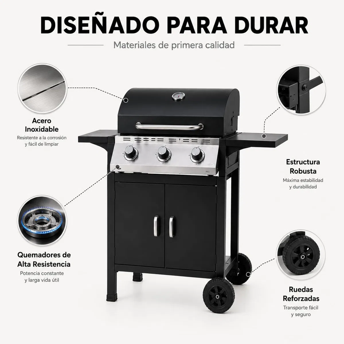 Barbacoa de gas 3 fuegos con tapa y termómetro integrado – Parrillas resistentes, ventilación lateral, mesas laterales plegables, estructura robusta – Barbacoa exterior