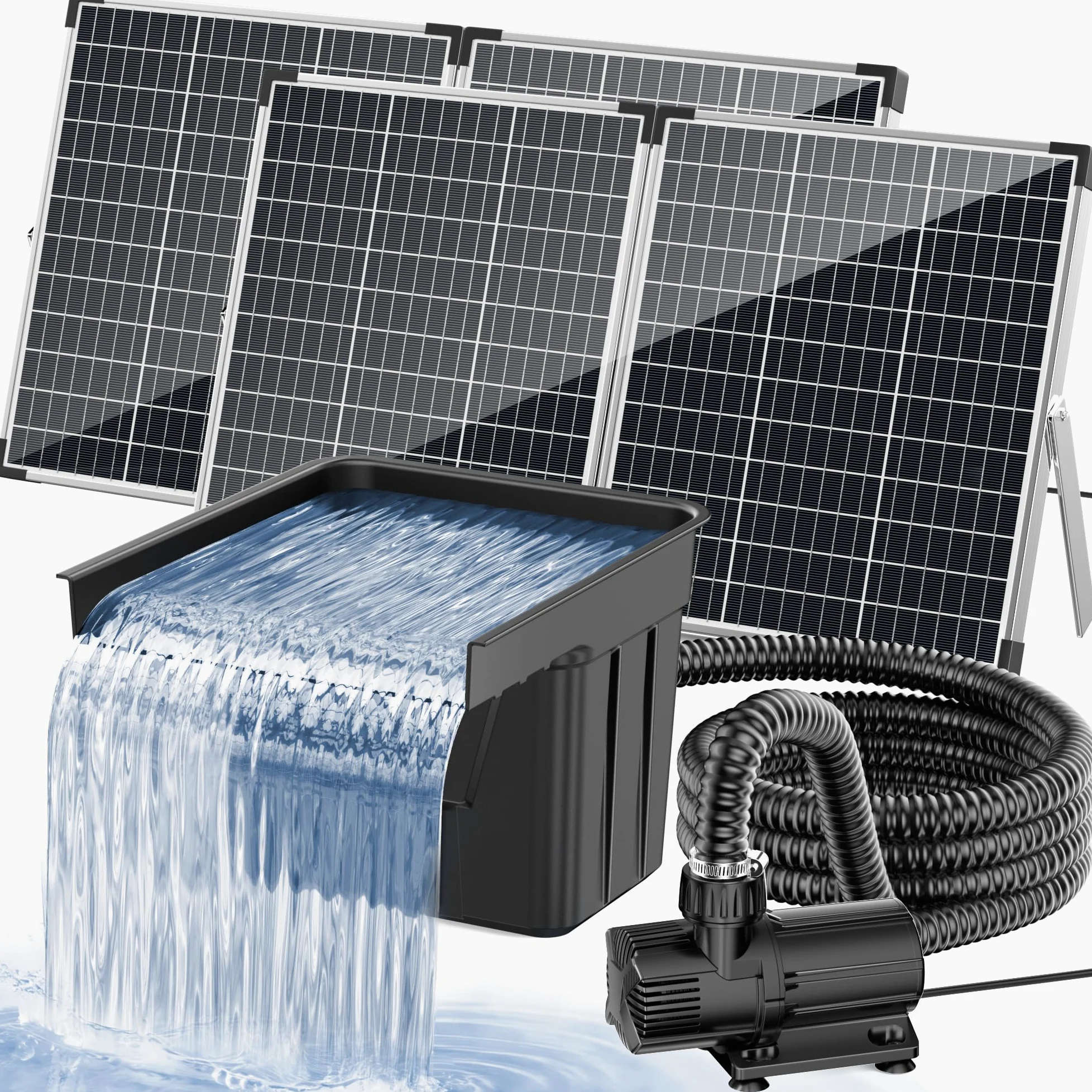 POPOSOAP Cascada Solar para Estanque con Panel Solar de 120W y Bomba de 6000 L/h, Tubo Corrugado de 3m, Material Filtrante, Cascada para Estanques de Jardín Exterior, Arroyos