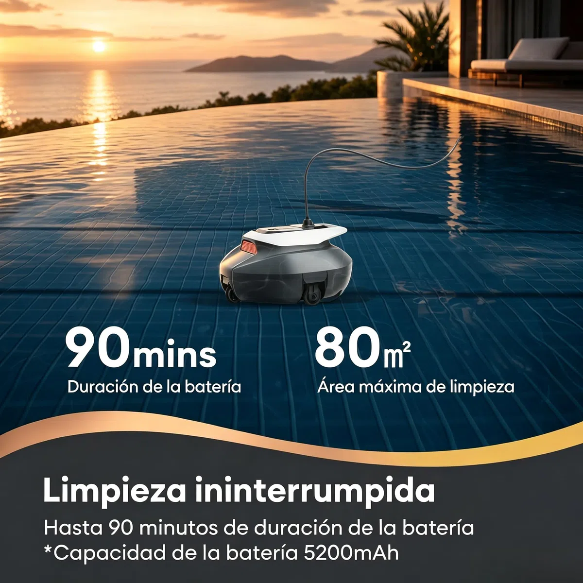 Robot Limpiafondos Piscina Inalámbrico con Flotador, Recogida sin Poste, 2 Motores, 90Min, 80m², Autoaparcamiento Inteligente, Diseño Biónico, Fácil de Usar para Piscina Elevada y Enterrada