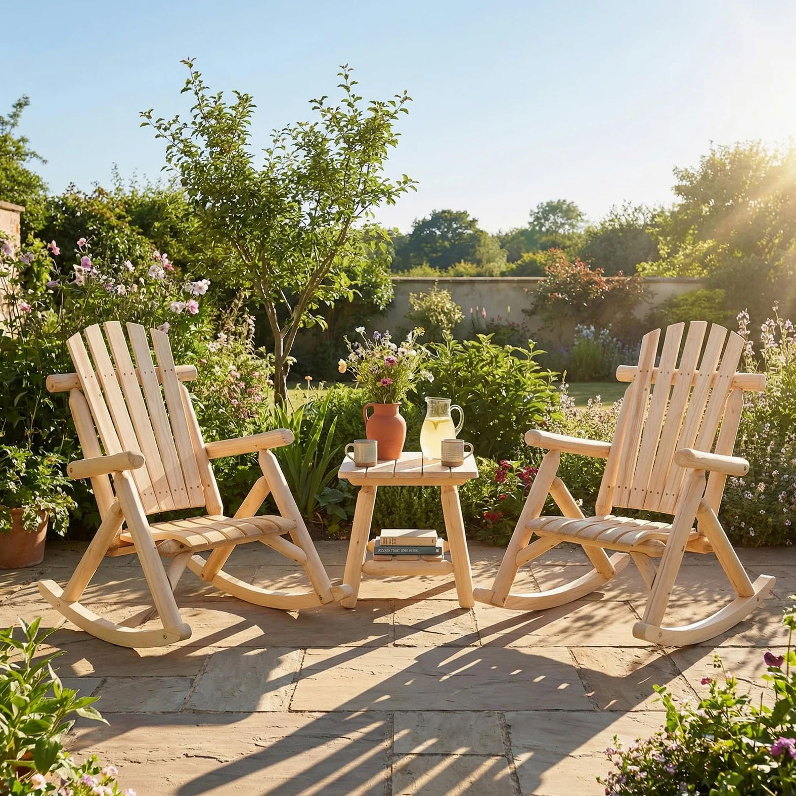 COSTWAY Silla Mecedora Adirondack, Mecedora de Madera Maciza con Asiento Curvado y Respaldo Alto, Mueble Balancín de Exterior Jardín Porche Terraza, Carga 150 kg, 99 x 68 x 99 cm