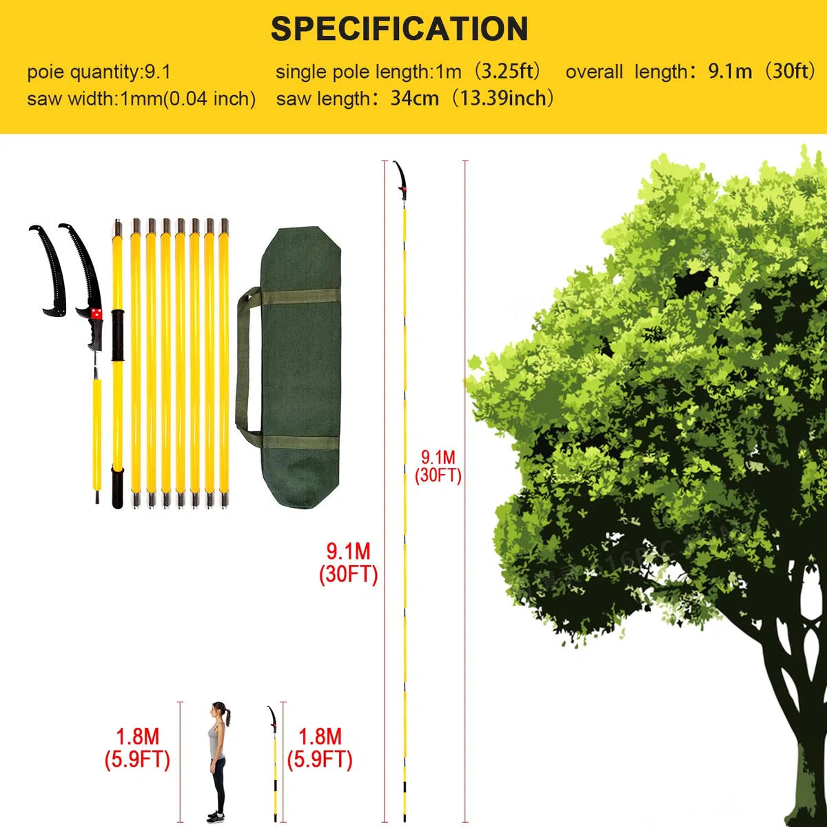 Sierra de podar para árboles de 9 m, sierra manual de resorte mejorada para herramientas de jardín, podadoras, sierras de poste de mano, altura extensible y bolsillo de almacenamiento