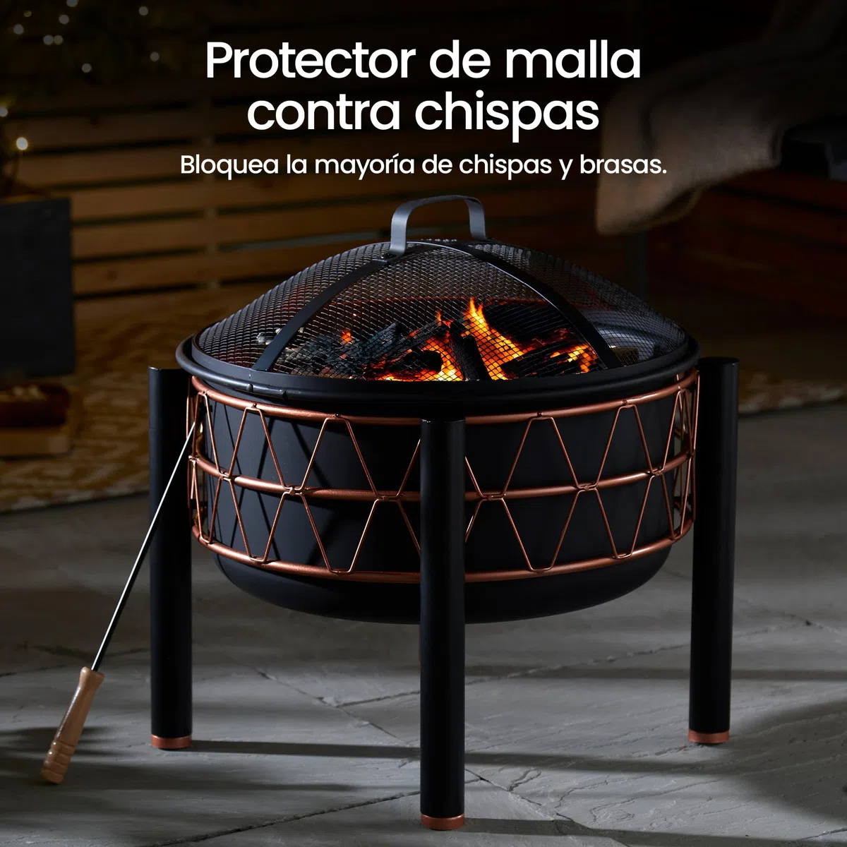 VonHaus Brasero – 2-en-1 con Parrilla BBQ para Exterior, jardín y Patio, en Acero Negro con Detalle Cobre, Incluye atizador y Tapa de Malla, Compatible con leña o carbón
