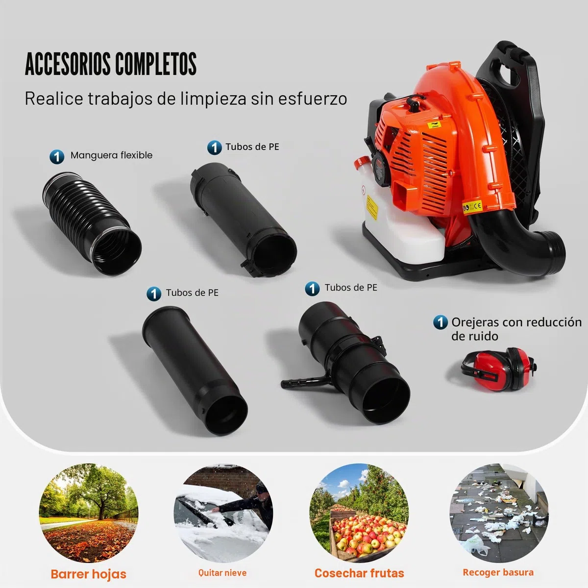 VEVOR Soplador de Hojas de Gas 79 CC Soplador de Nieve de Mochila 2 Tiempos con Tanque de Combustible 3 L Volumen de Aire de 930 CFM para Cuidado del Césped, Limpieza de Hojas, Eliminación de Nieve