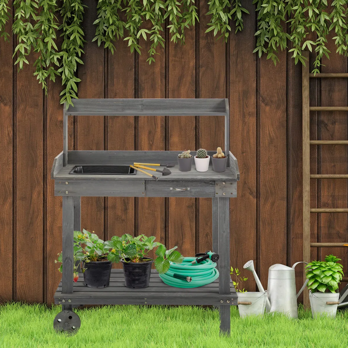 Outsunny Mesa de jardín con cajón de 2 Niveles, con Lavabo y Ruedas, Madera de Abeto Gris, 92 x 45 x 119 cm
