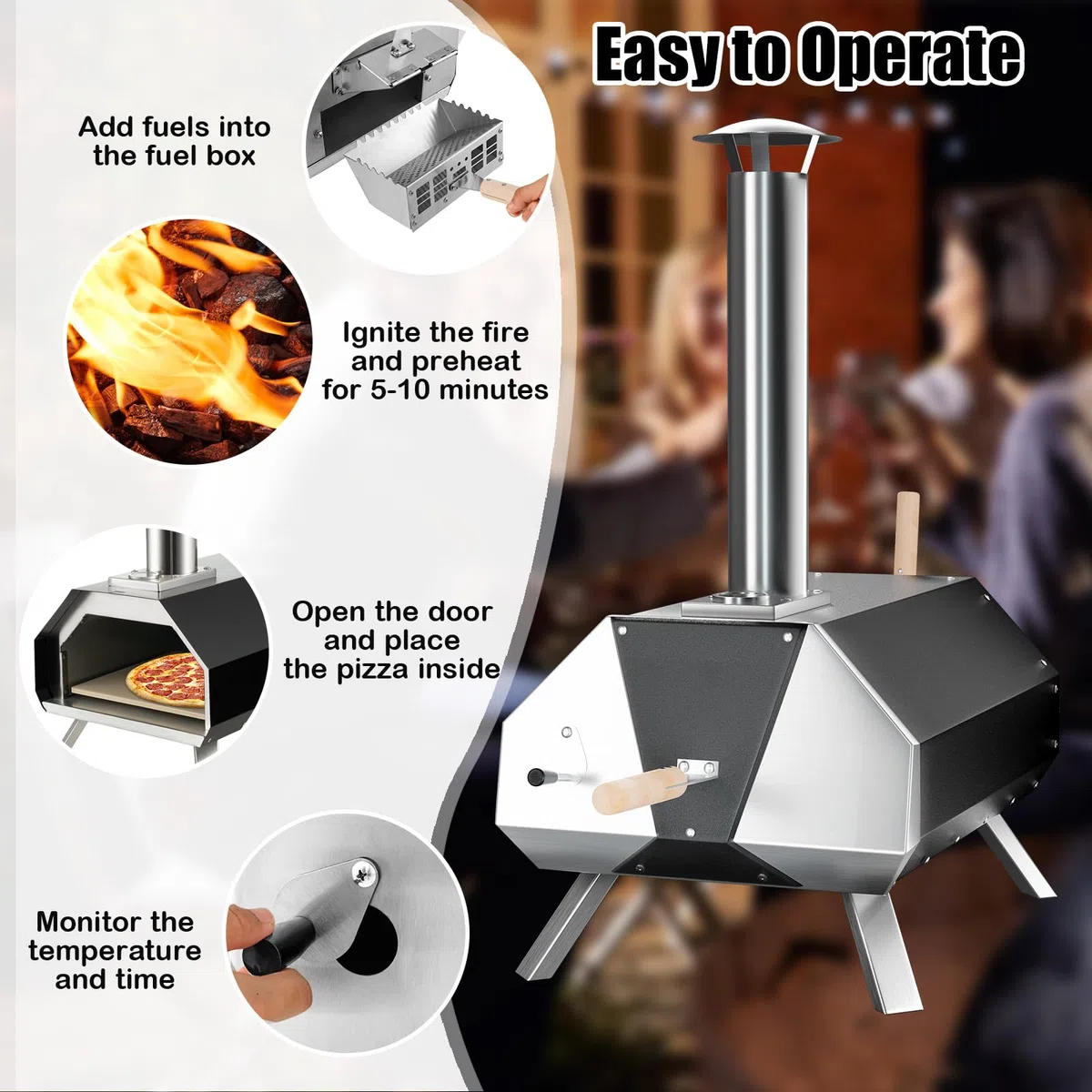 KOMFOTTEU 12" Horno de Pizza para Exterior, Horno de Leña Portátil con Piedra para Pizza, Pala de Pizza, Termómetro y Patas Plegables, Horno Pizzero de Acero Inoxidable para Barbacoa, Camping