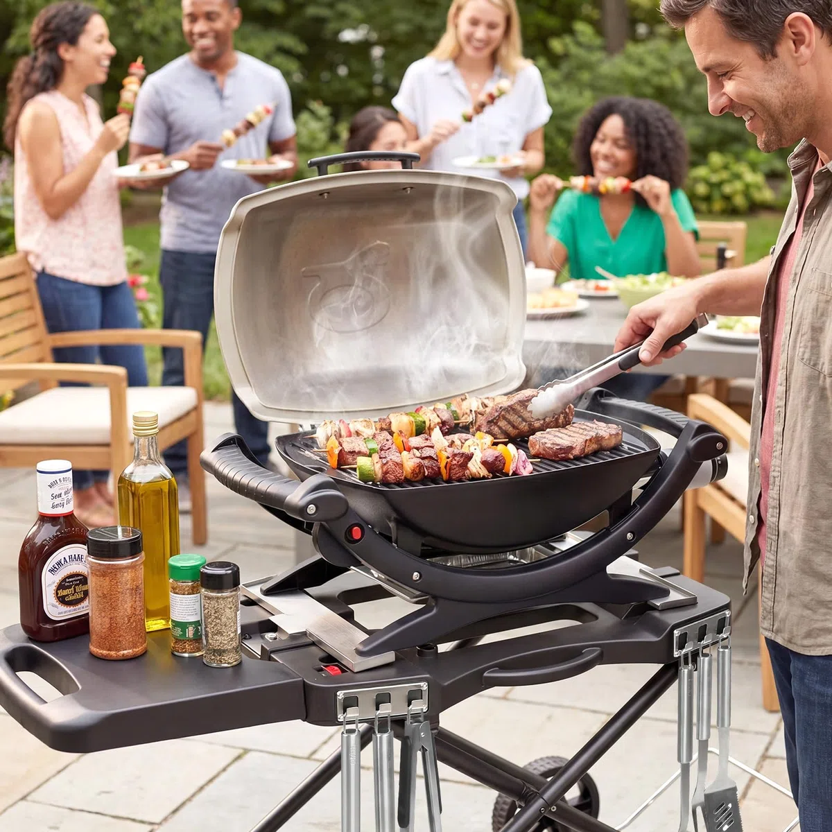 Carro de barbacoa portátil con rueda para Weber Q1200, Q1000, Q2200, Q2000 Serie y Blackstone 43/56 cm, plancha de mesa, soporte plegable