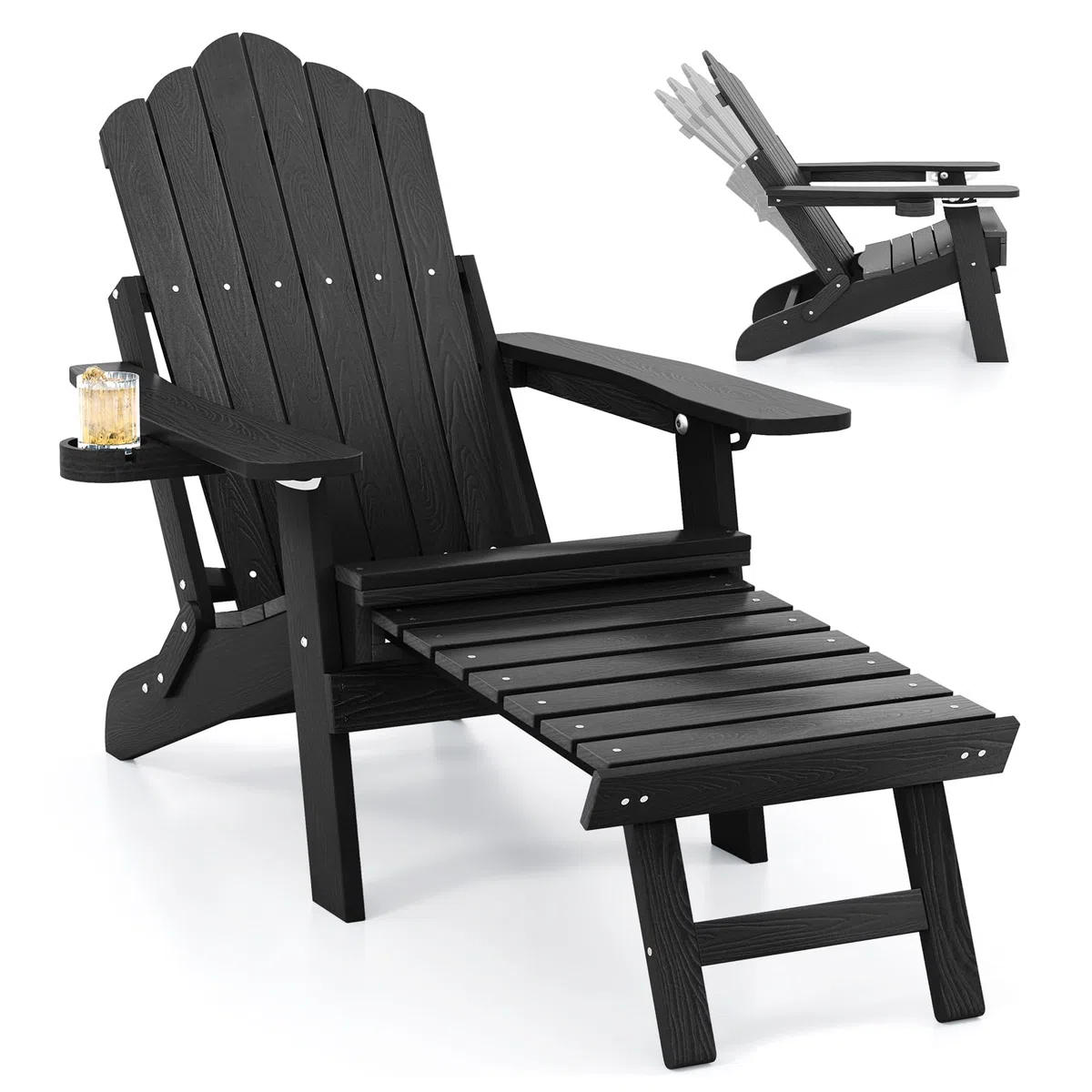GIANTEX Silla Adirondack Plegable con Reposapiés Retráctil, Tumbona de Hips con Respaldo Ajustable y Portavasos, Carga hasta 180 kg, Silla de Relax para Jardín, Balcón, Patio (Negro)