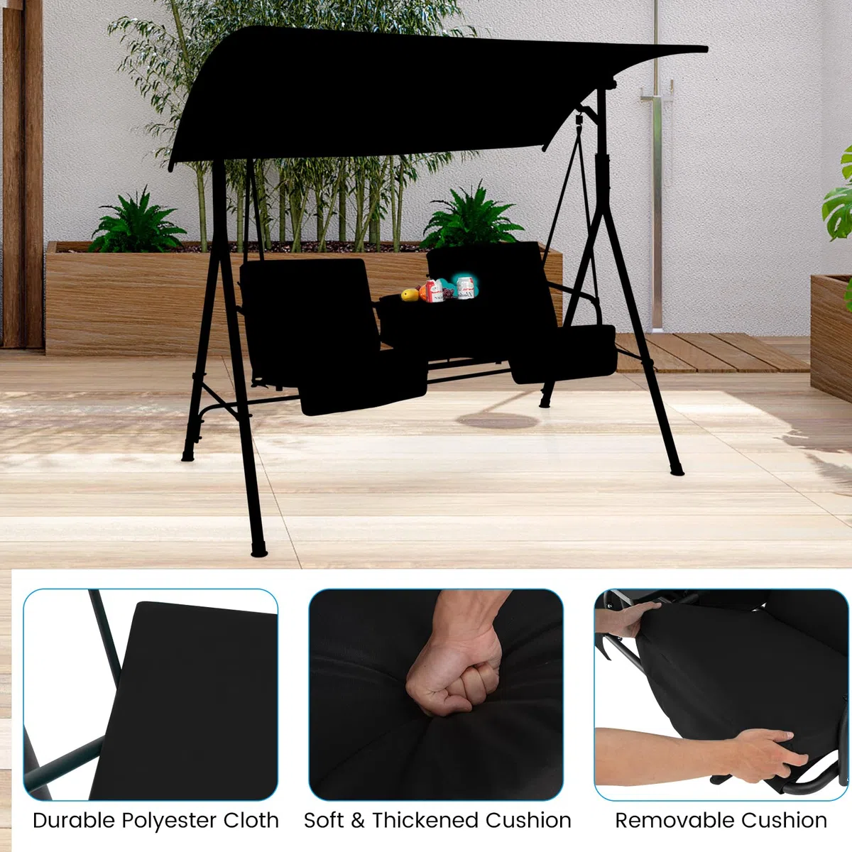 KOMFOTTEU Columpio de Jardín para 2 Personas, Balancín Terreza Exterior con Toldo Ajustable, Banco Mecedora con Bandeja y Bolsa de Refrigeración, para Balcón, Patio (Negro)