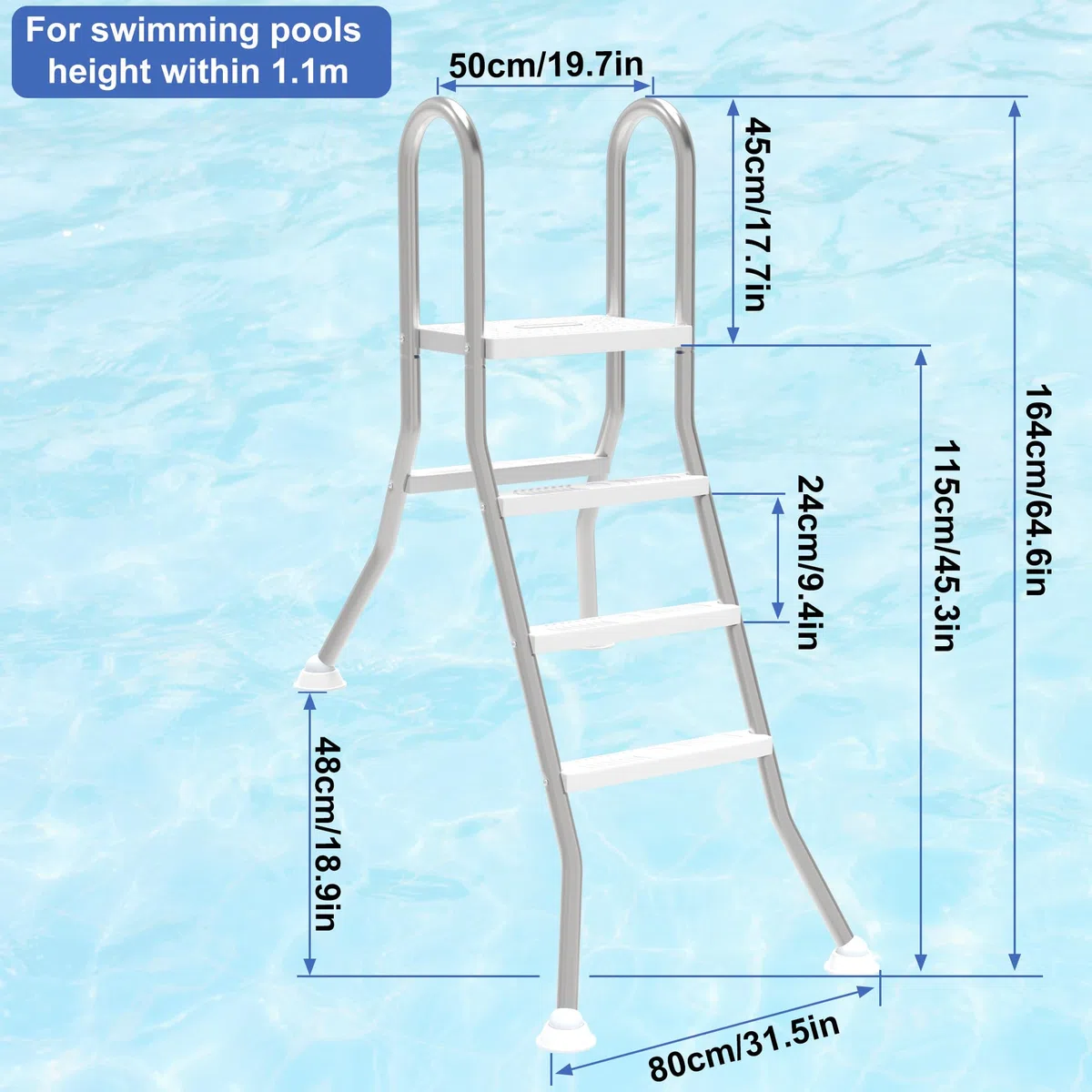 UISEBRT Escalera de piscina de acero inoxidable 304 | Escalera de piscina con 3 peldaños | Escalera para piscina con protección antideslizante | Escalera de entrada para piscina y piscina altura de
