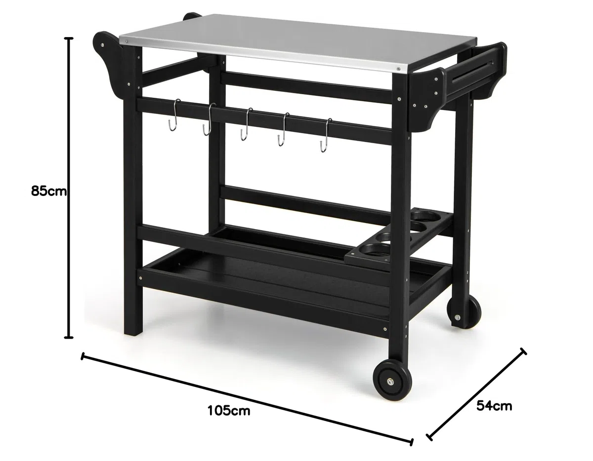 GYMAX Carro de Parrilla Móvil para Exteriores, Mesa de Trabajo de HDPE con Tablero de Acero Inoxidable, Estante, Estante para Vinos, Ganchos, Mesa Portátil para Parrilla para Barbacoa con Asa y Ruedas