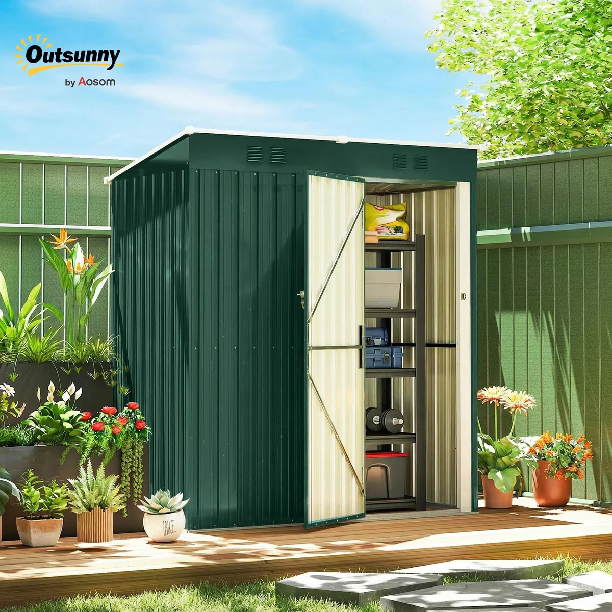 Outsunny Caseta de Jardín Exterior 1,37 m², 163x90x179 cm, Cobertizo de Jardín Exterior Metálico con Puerta con Pestillo y Ranuras de Ventilación, para Almacenamiento de Herramientas, Verde