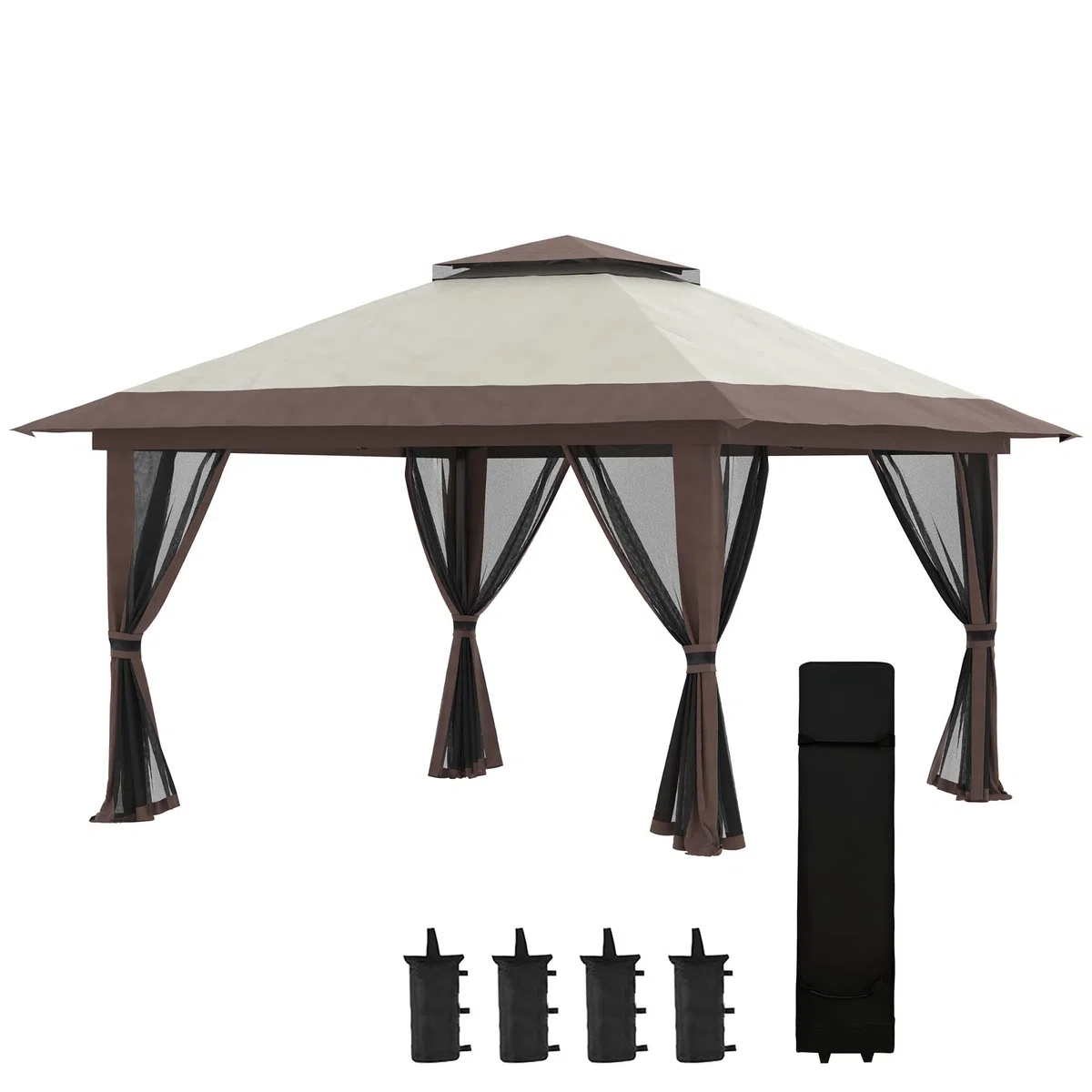 Outsunny Carpa Plegable Pop-up 4x4x2,8 m Cenador de Jardín con Paredes Altura Ajustable Anti-UV Impermeable Doble Techo Mosquiteras y Bolsa de Ruedas Gazebo para Exterior Fiestas Camping Beige