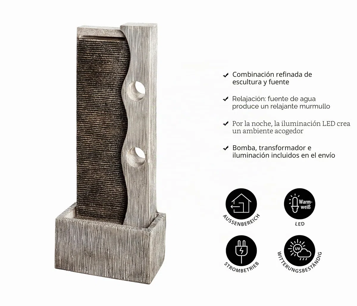 Dehner Fuente de jardín Eclipse con iluminación LED, Aprox. 100 x 40 x 19,8 cm, poliresina, Gris