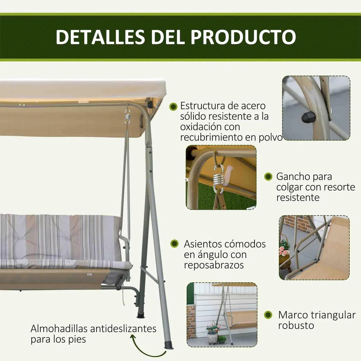 Outsunny Columpio de Jardín Exterior de 3 Plazas, Balancín de Jardín Exterior con Techo Ajustable y Marco de Acero, para Balcón, Terraza, Patio, Carga 210 kg, 172x110x156 cm, Marrón Claro