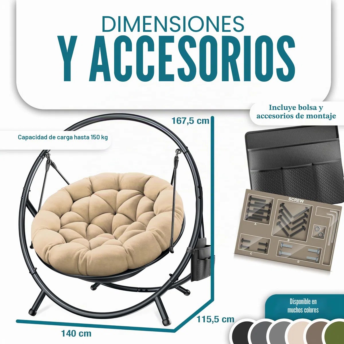 KESSER Silla colgante con estructura Bali, columpio colgante de hasta 150 kg, para interior y exterior, cojín y bolsillo lateral, cesta colgante, estructura de acero y cojín de espuma, ideal para