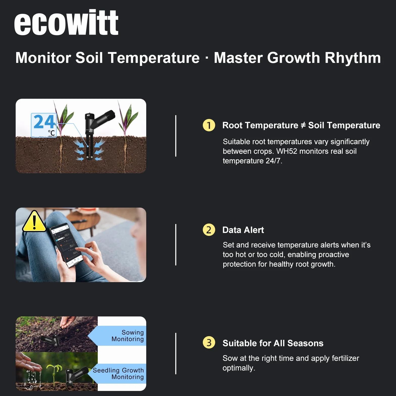 ECOWITT WH52 Sensor de Humedad del Suelo de Triple función (16 Canales) + Sensor de conductividad del Suelo + Termómetro, higrómetro para Plantas + Nueva Pasarela GW3000