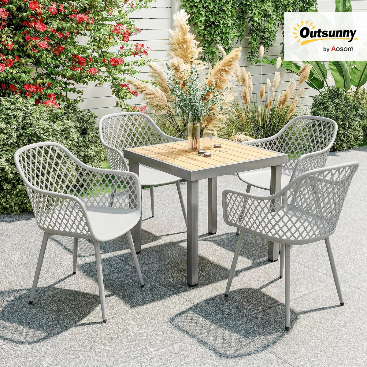 Outsunny Juego de 4 Sillas de Jardín Exterior, Sillas Terraza Exterior con Respaldo Diamante, Asiento de PP Anti-UV, Reposabrazos y Patas Metálicas, para Terraza, Balcón, 56x51x84 cm, Gris
