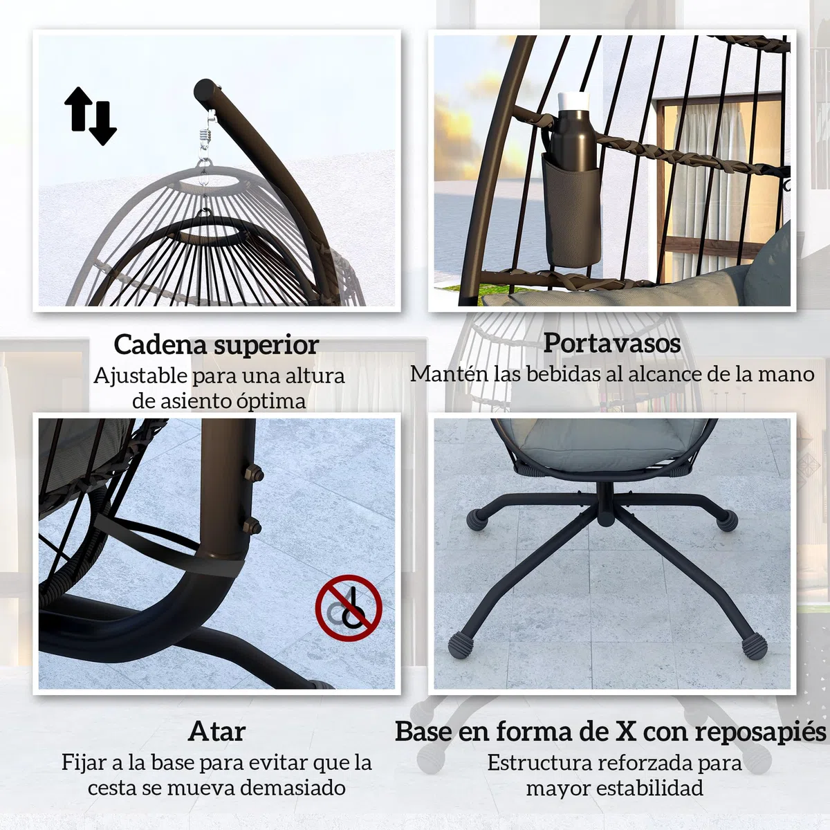 Outsunny Silla Colgante Huevo con Soporte Columpio Jardín Exterior con Cesta Plegable Cojín y Reposacabezas Portavaso Columpio Colgante para Interior y Exterior Carga 120 kg Negro