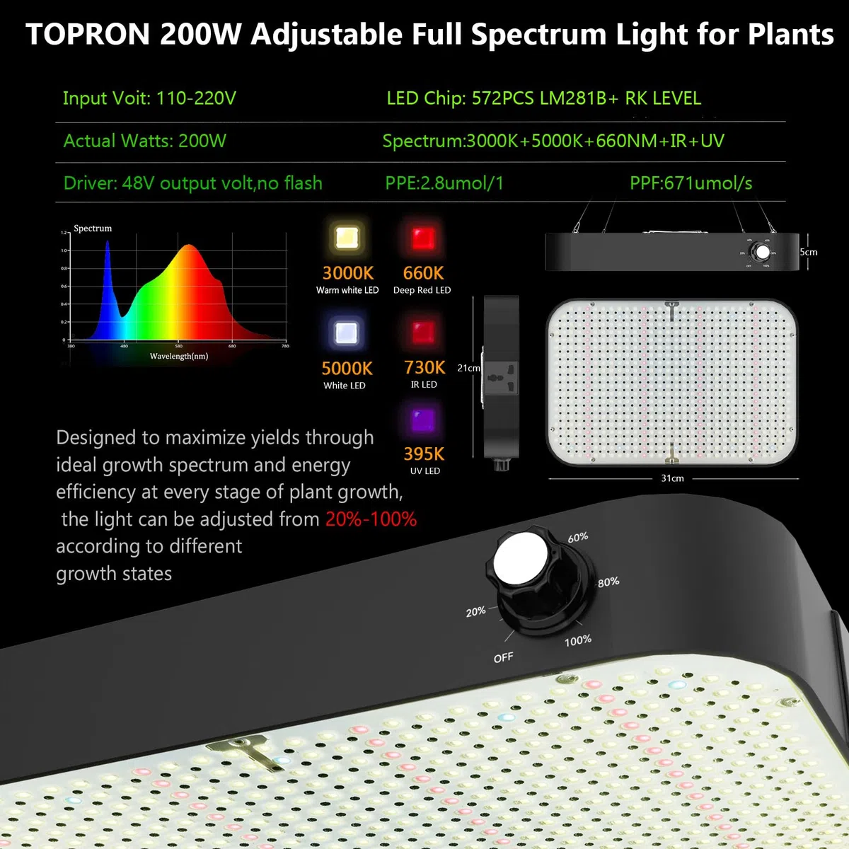 Juego Completo de Tienda de Cultivo LED, lámpara de Cultivo de Espectro Completo LED de 200 W, Regulable, 120x120x200cm, Kit Completo de Tienda de Cultivo hidropónico