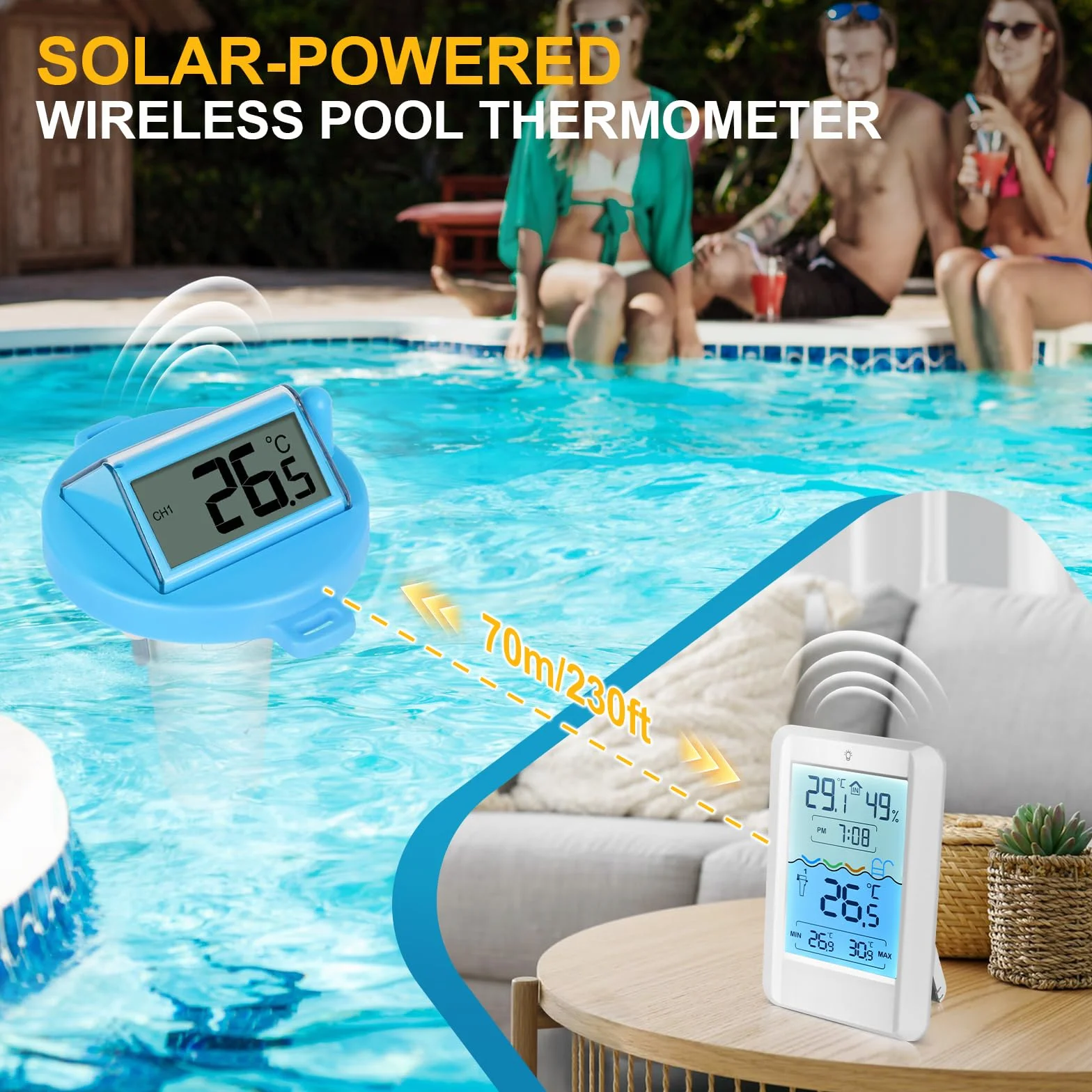 PATEMZON Termómetro Piscina Solar, Termómetro Piscina Connecté, Termometro Piscina Sin Fil Flottante con Récepteur Radio LCD, Accessoire Piscine pour Aquarium, Étang à Poissons