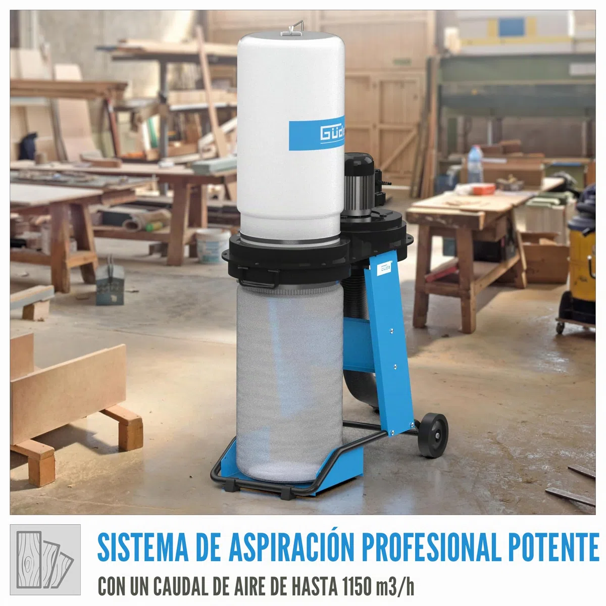 Güde Sistema de aspiración GAA 65.1 (550 W, Potencia de Aire 1150 m³/h, presión Negativa 1145 pa, Manguera de aspiración de 2 m, conexión de aspiración Ø 100 mm, Volumen del depósito 65 l, Incluye